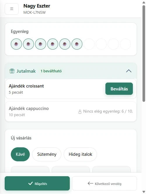 A pult nézete: a vendég pecsétjei és a beváltható jutalom